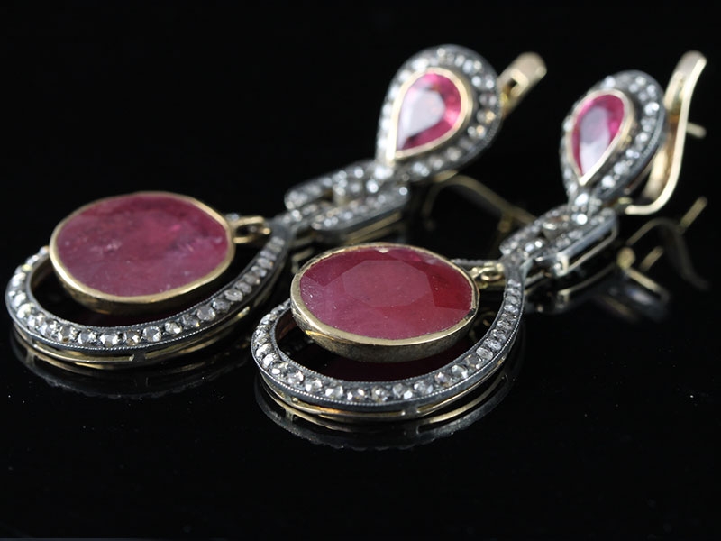 DRAMATIC RUBY AND ROSE CUT DIAMOND GOLD AND SILVER EARRINGS