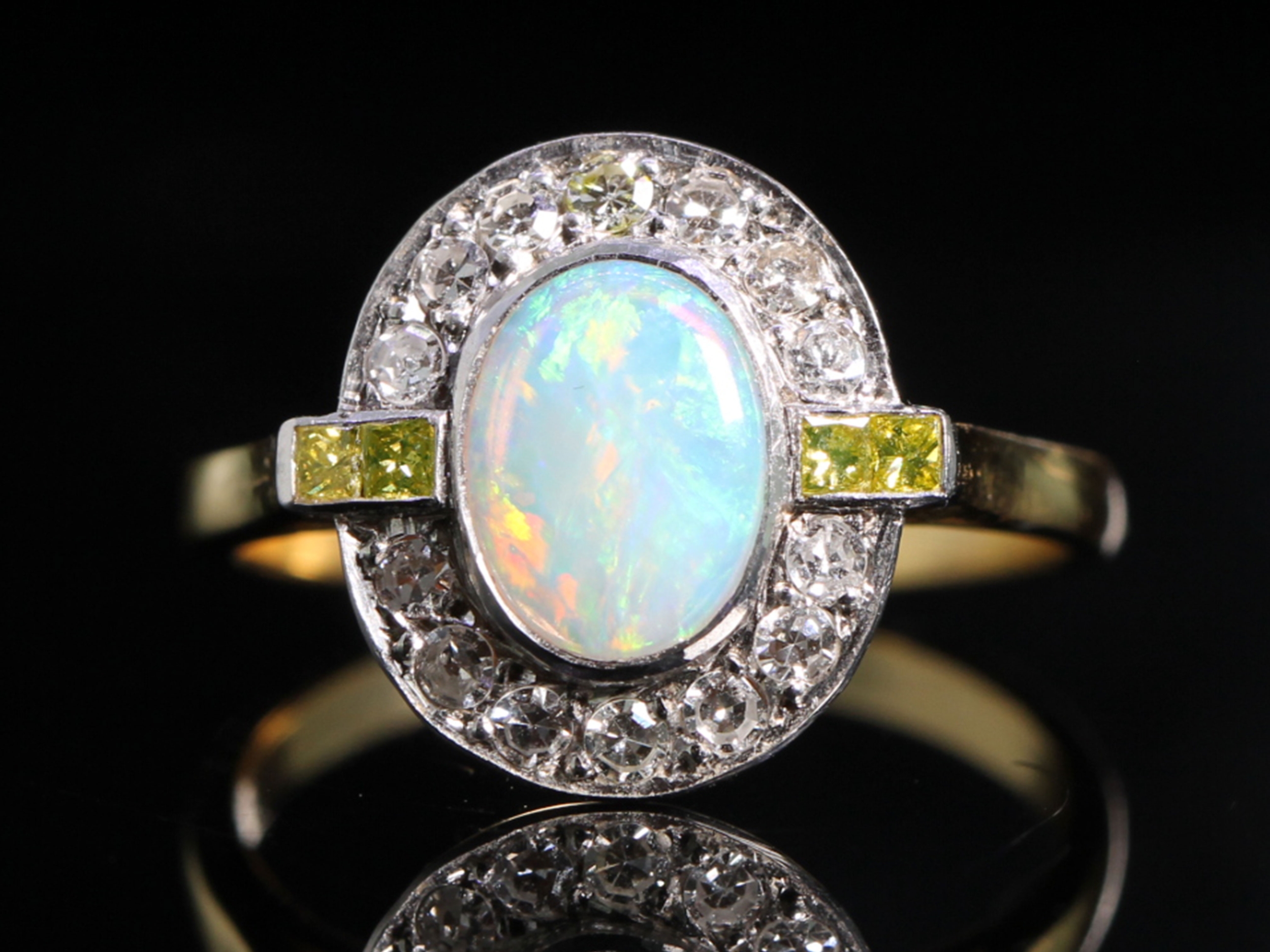 Art Deco Style Opal and Diamond 18ct Gold Cluster Ring 