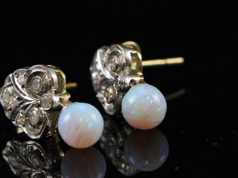 FANTASTIC OPAL AND DIAMOND ART DECO INSPIRED 18 CARAT GOLD EARRINGS