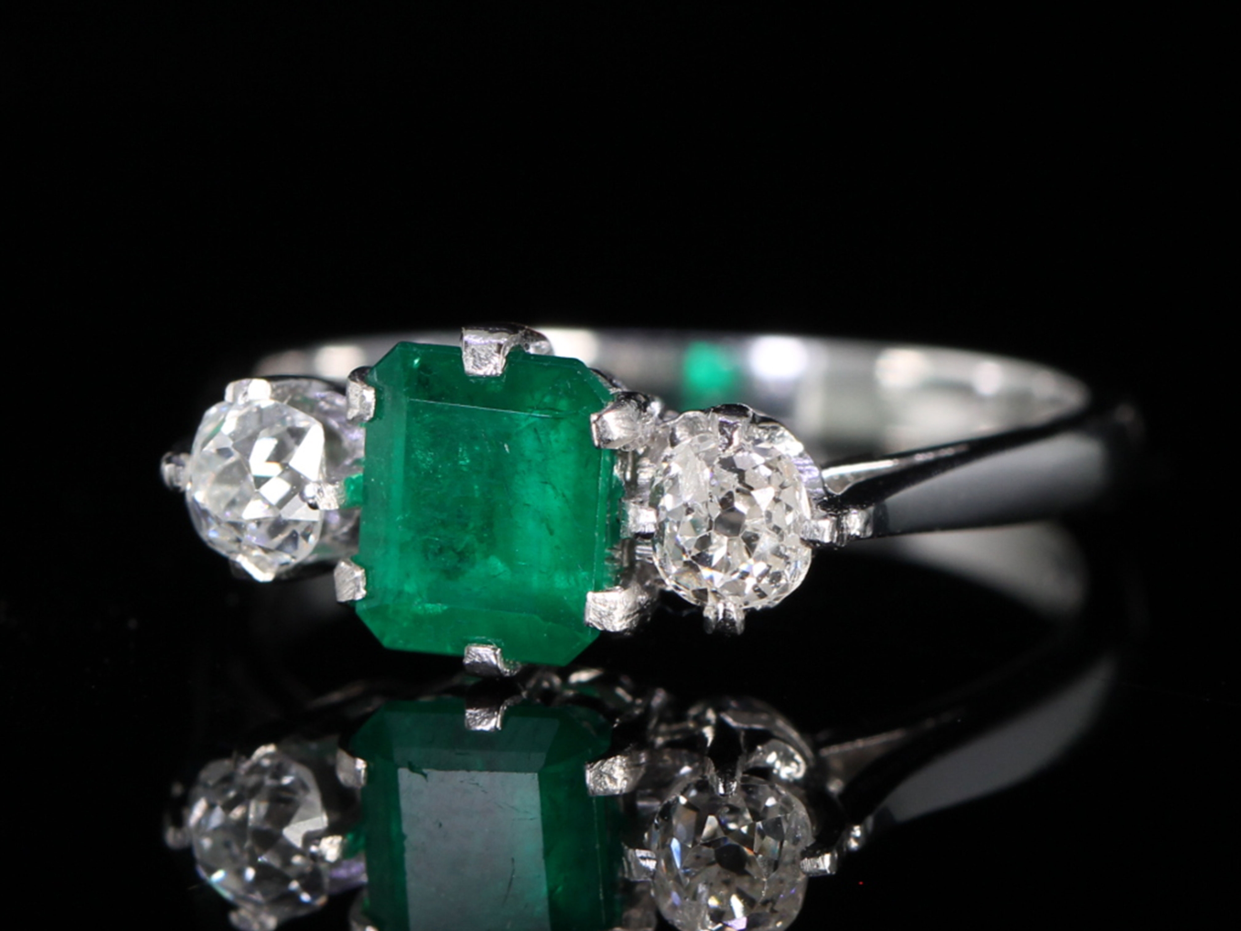  Edwardian Emerald and Diamond 18ct Gold Trilogy Ring