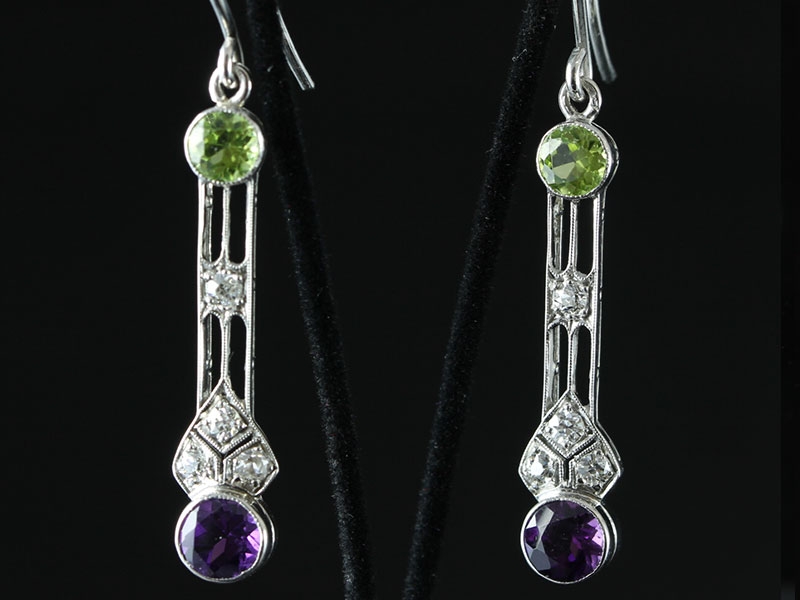 SOPHISTICATED ART DECO STYLE DIAMOND, PERIDOT, AMETHYST PLAINTUM AND 18 CARAT WHITE GOLD EARRINGS