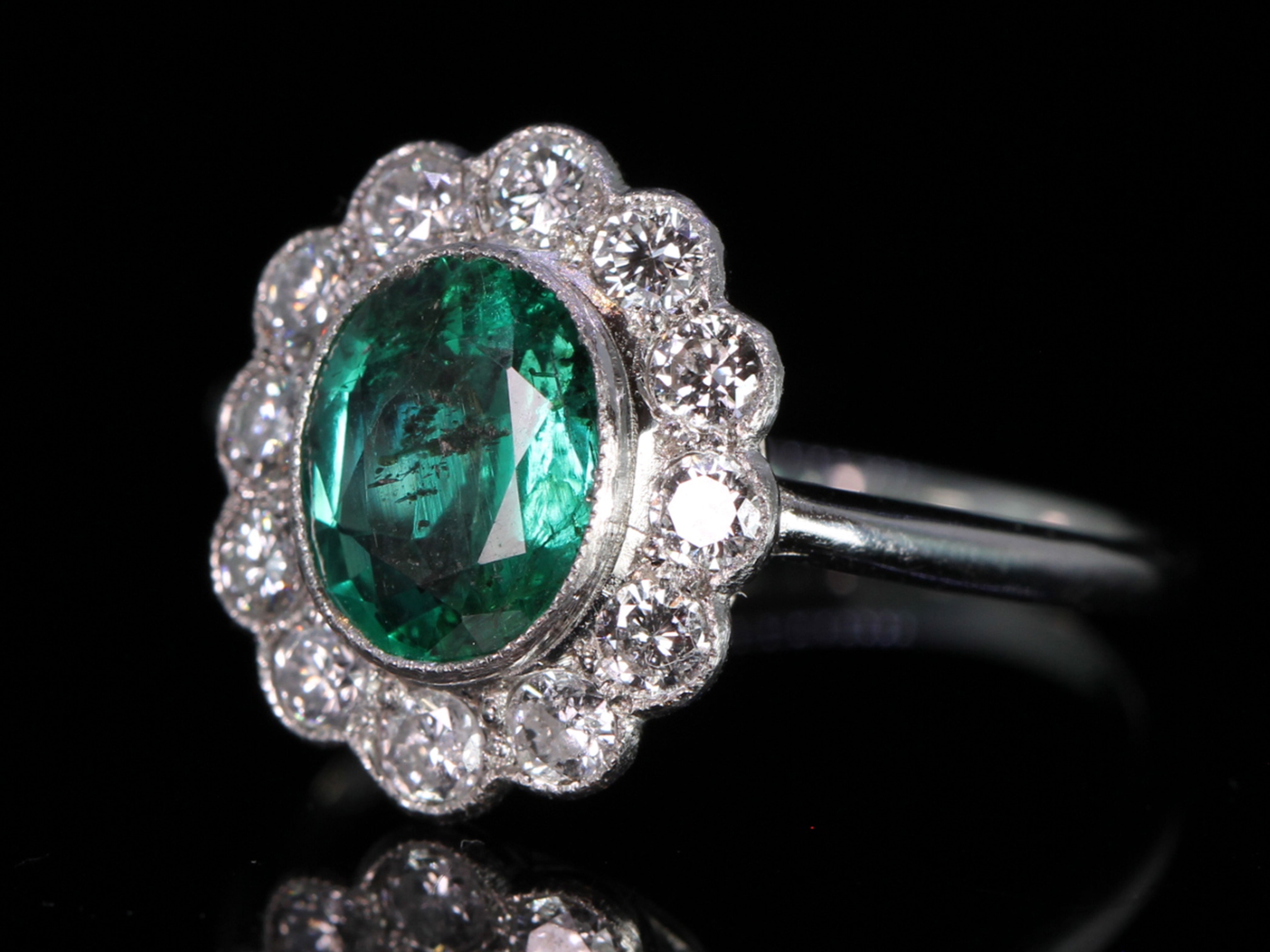  Vintage Colombian Emerald and Diamond Platinum Cluster Ring 