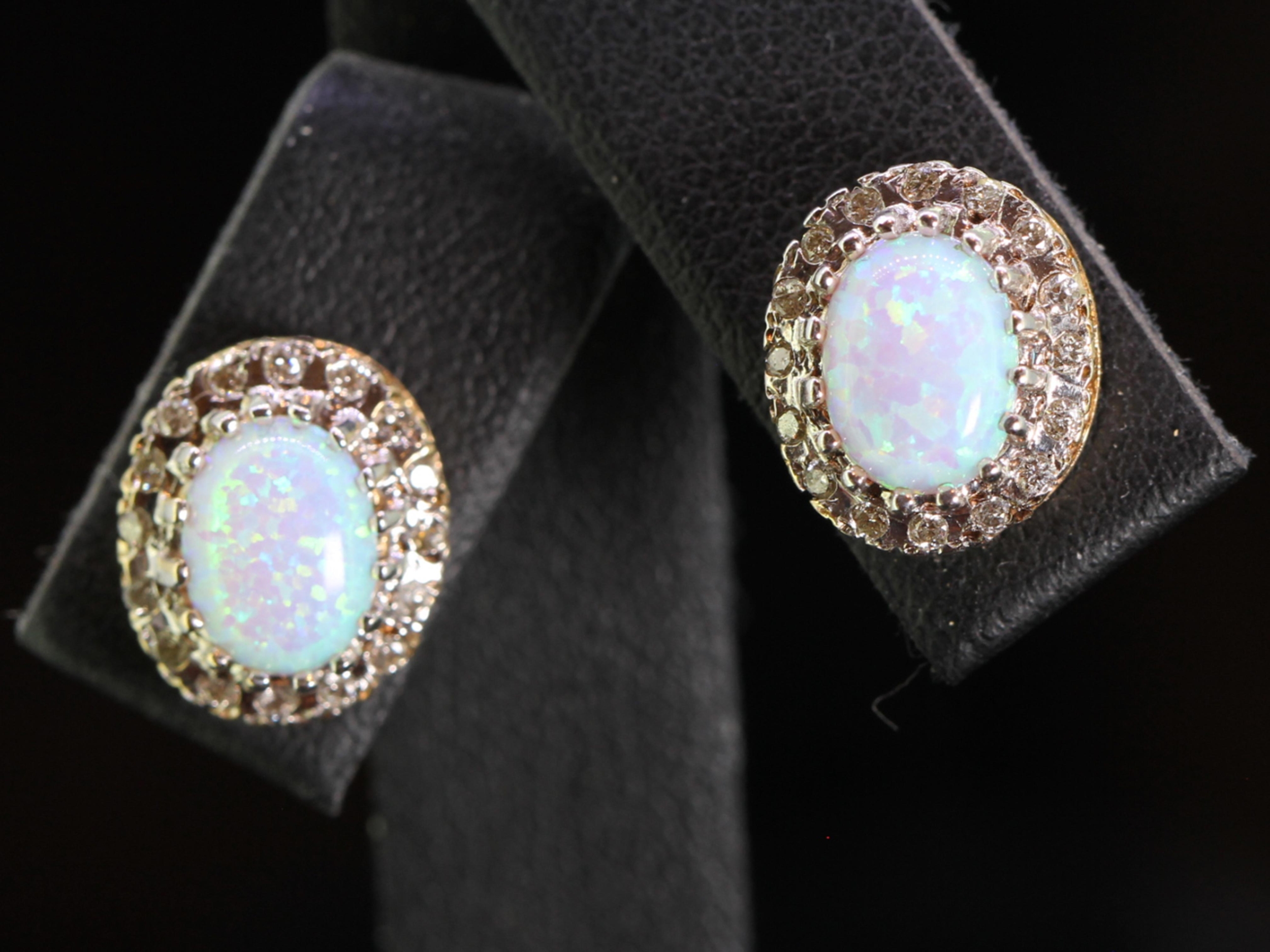 Beautiful 9 Carat Gold Opal and Diamond Cluster Stud Earrings