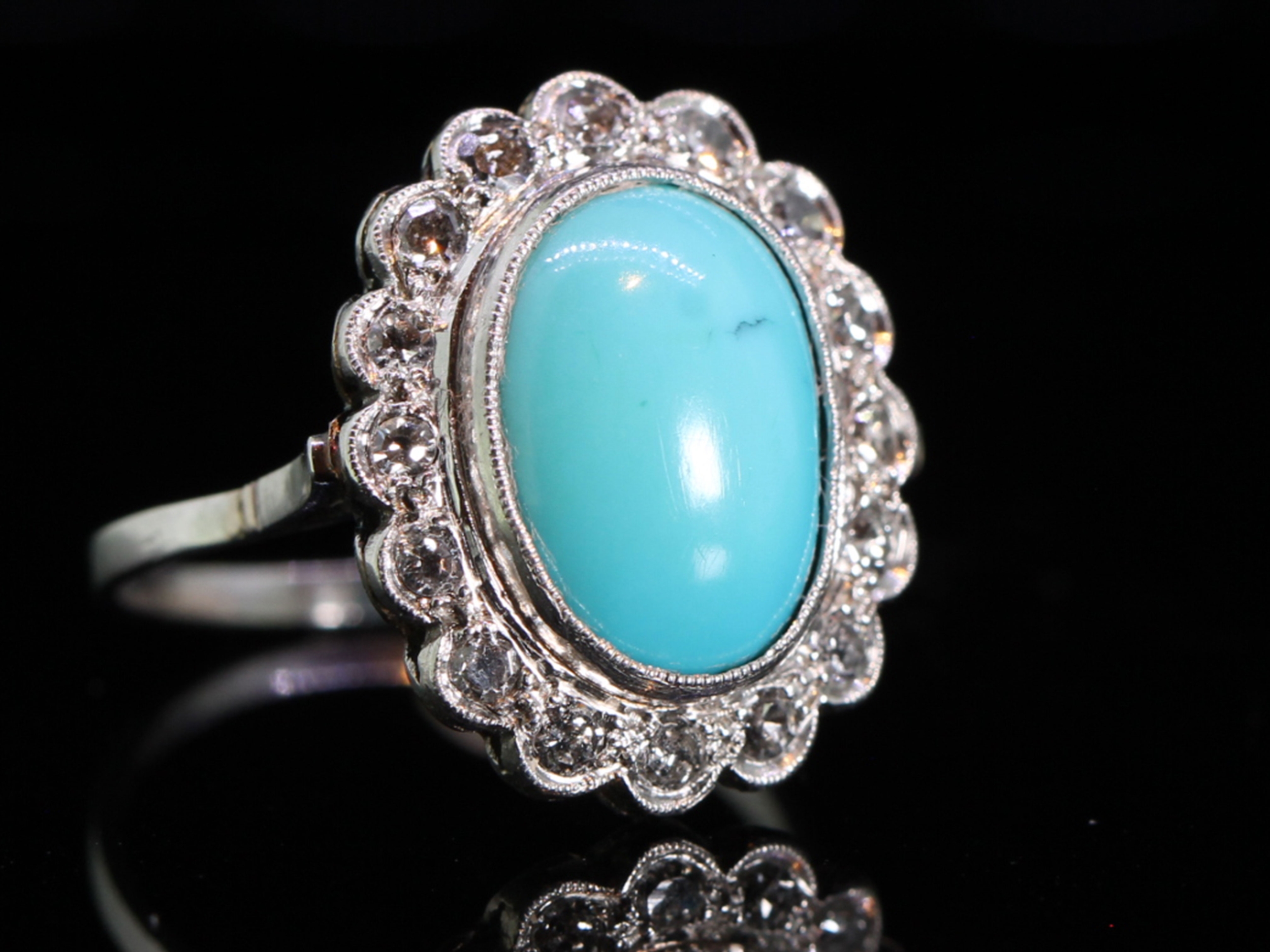 Wonderful 1920s Turquoise and Diamond Platinum Cluster Ring	
