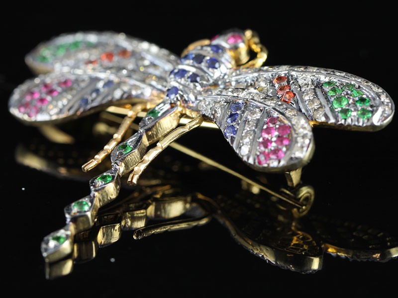 MAGNIFICENT TSAVORITE, RUBY, SAPPHIRE AND DIAMOND JEWELLED DRAGONFLY SILVER/GOLD BROOCH