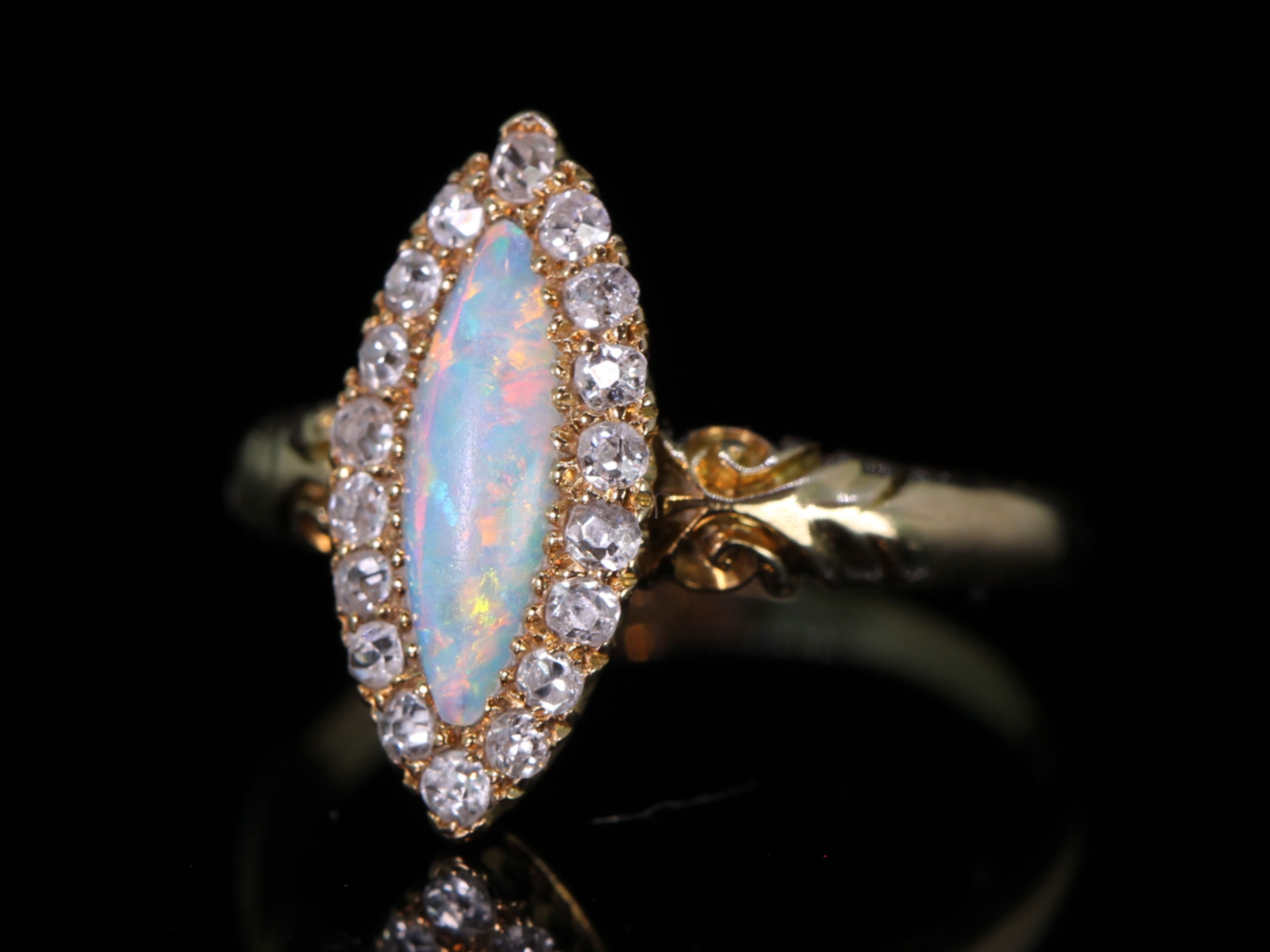 Victorian Navette Opal an Diamond 18ct Gold Ring