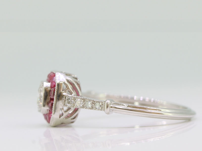 ART DECO INSPIRED DIAMOND AND RUBY PLATINUM TARGET RING