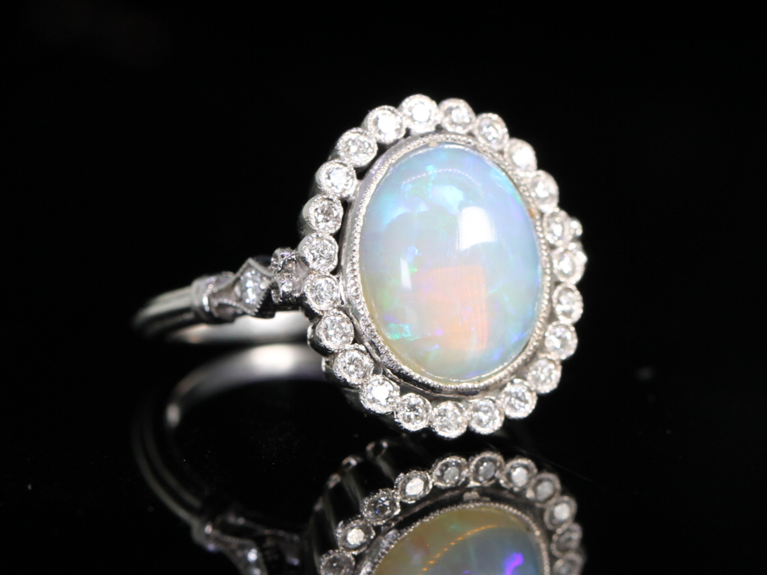 Vintage 3ct Australian Opal and Diamond Cluster Platinum Ring