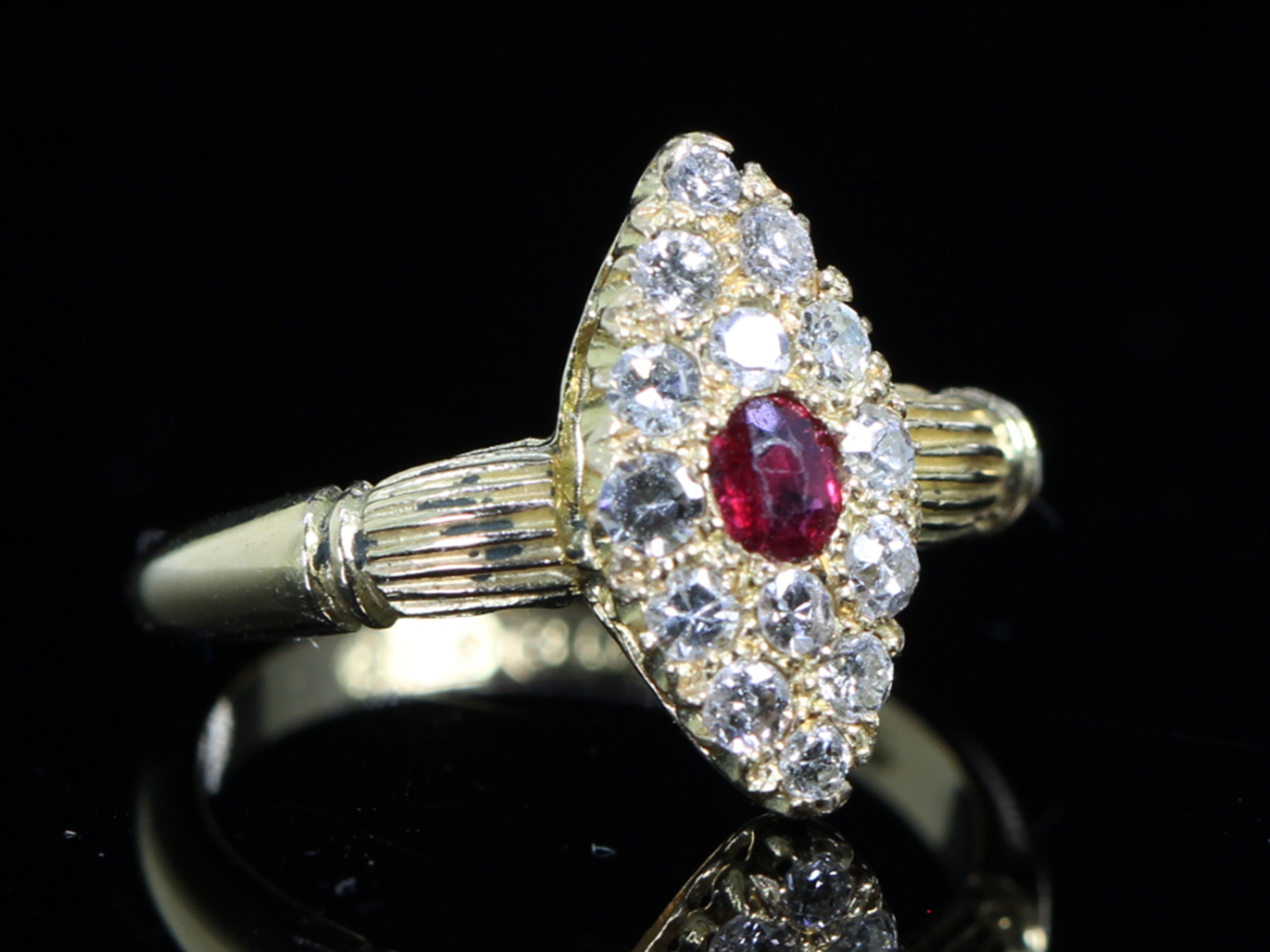 Edwardian Ruby and Diamond Navette 18ct Gold Ring