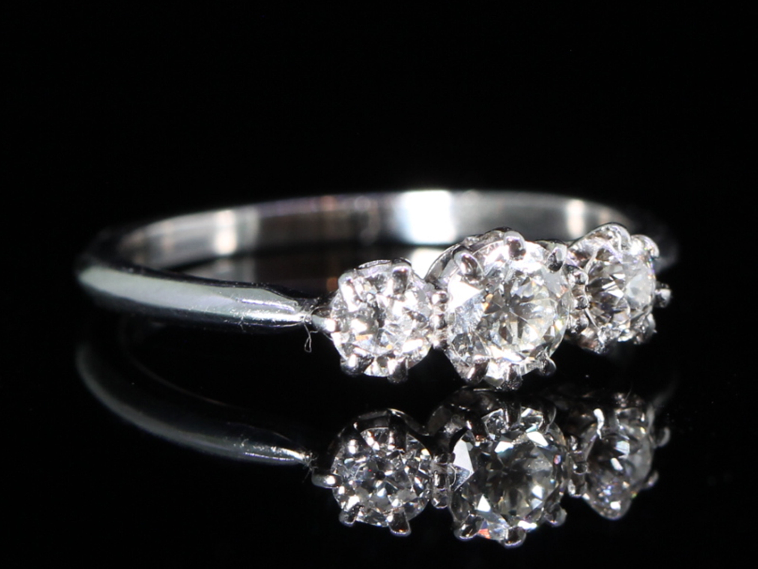 Art Deco Old mined Hand Cut Diamond Trilogy Platinum Ring