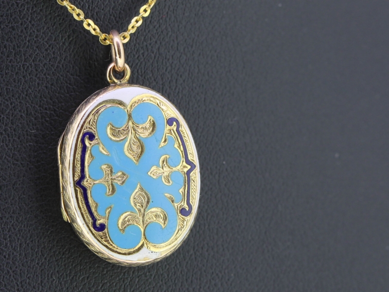 GORGEOUS VICTORIAN GOLD BLUE BLACK WHITE ENAMEL 9 CARAT GOLD MOURNING LOCKET