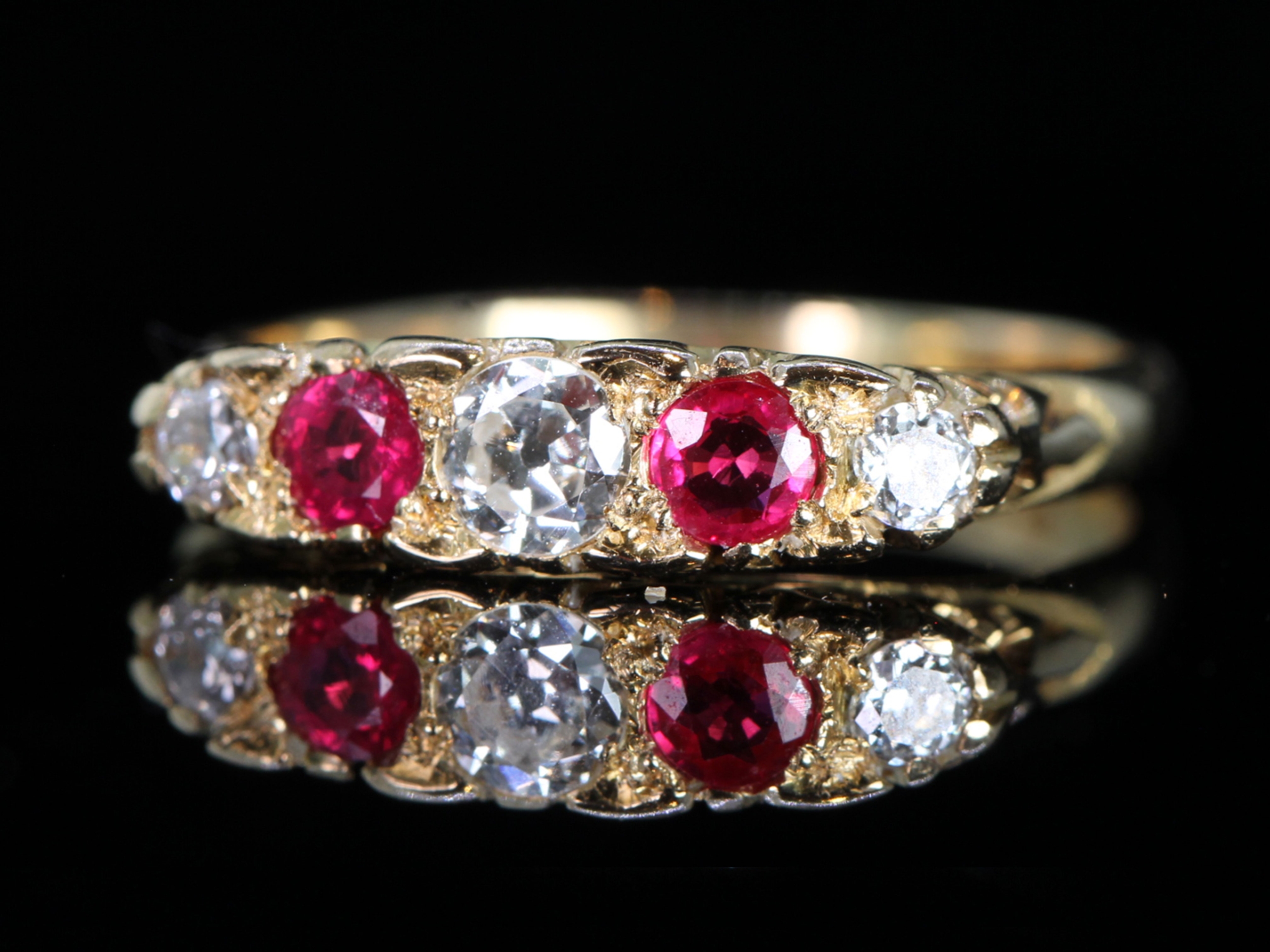 Edwardian Ruby and Diamond Carved Half Hoop 18ct Gold Ring