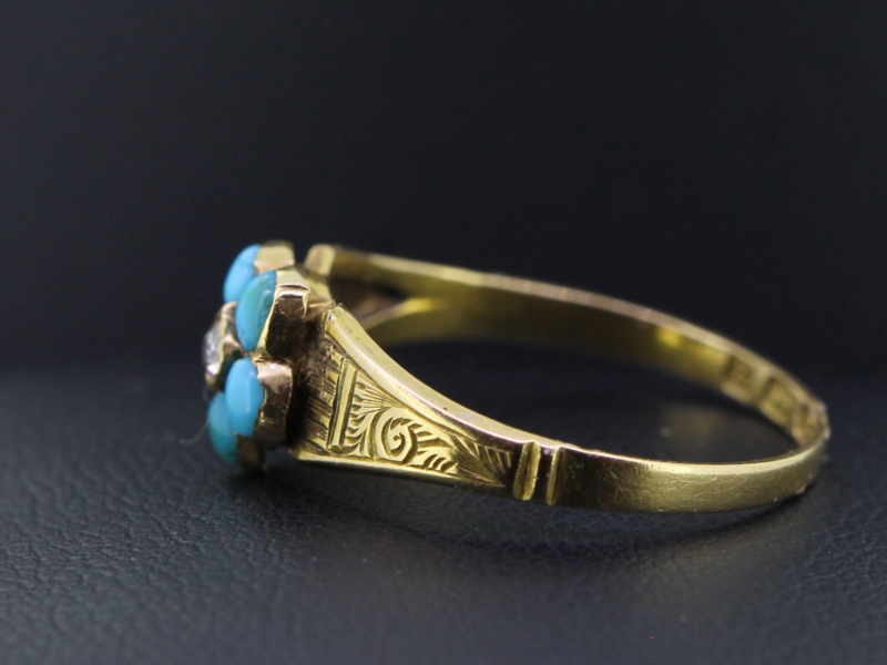 FABULOUS VICTORIAN FORGET-ME-NOT FLOWER RING WITH LOCKET TO THE REVERSE IN 18 CARAT GOLD