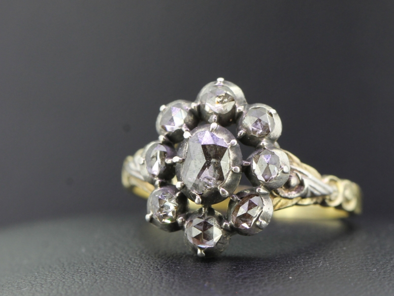 SOPHISTICATED GEORGIAN DIAMOND SILVER SET AND GOLD CLUSTER RING	