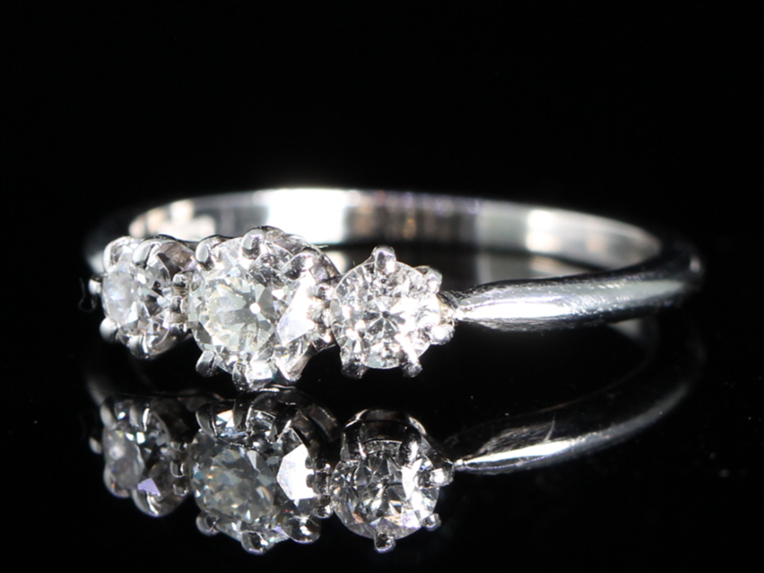 Art Deco Old mined Hand Cut Diamond Trilogy Platinum Ring