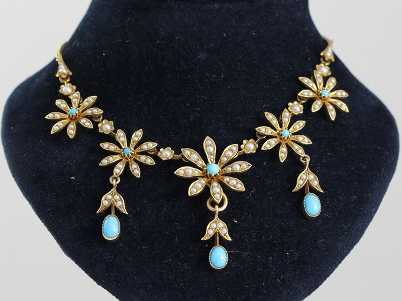 FABULOUS EDWARDIAN TURQUOISE AND PEARL 15 CARAT GOLD NECKLACE 