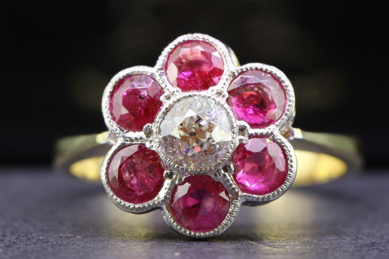 DRAMATIC RUBY AND DIAMOND DAISY CLUSTER 18 CARAT GOLD AND PLATINUM RING