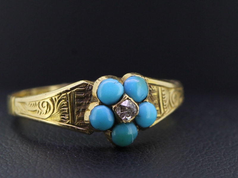 FABULOUS VICTORIAN FORGET-ME-NOT FLOWER RING WITH LOCKET TO THE REVERSE IN 18 CARAT GOLD