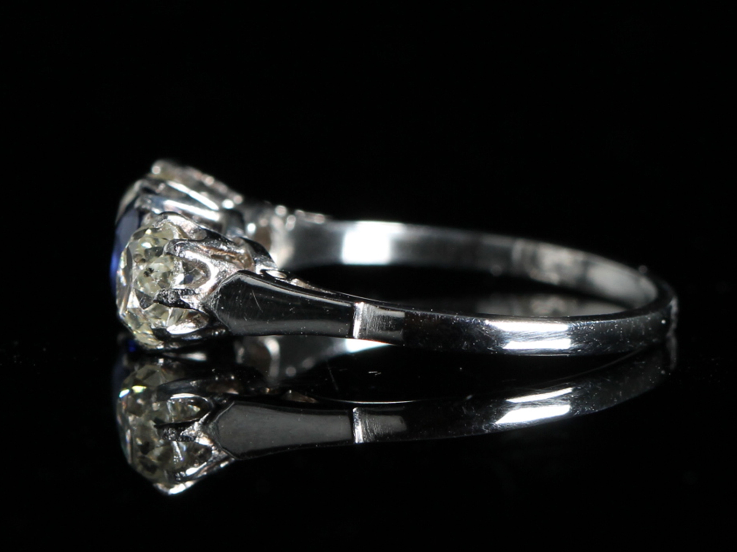 Edwardian Sapphire and Old Cut Diamonds Platinum Trilogy Ring