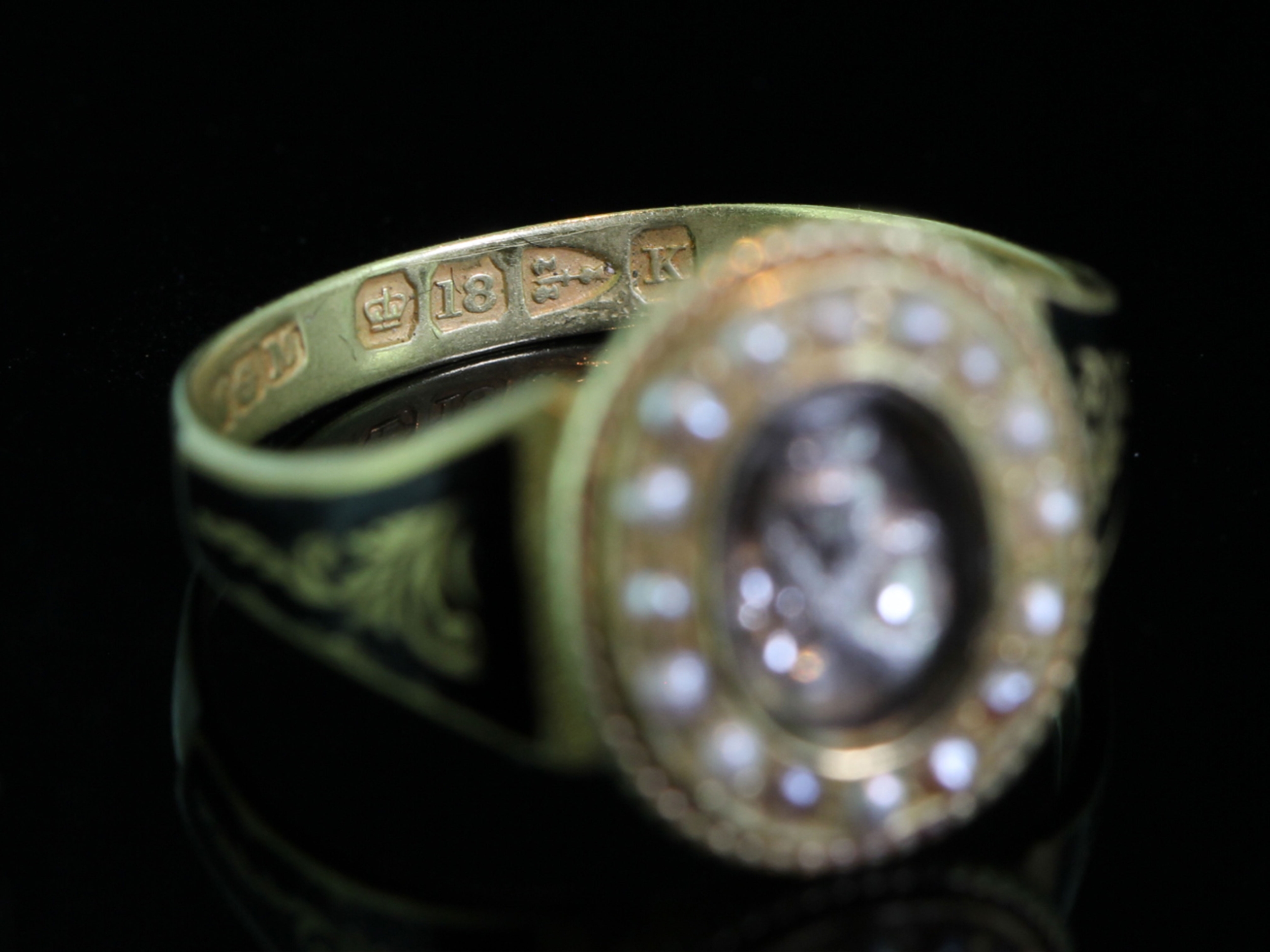 Wonderful Victorian Diamond  Set Skull Pearl and Black Enamel 18 Carat Gold Mourning Ring