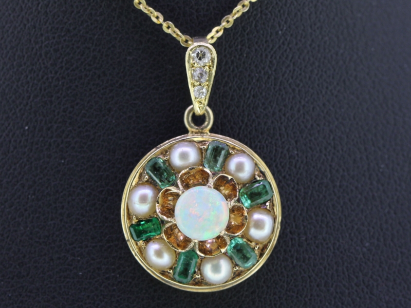 LOVELY EDWARDIAN EMERALD PEARL AND OPAL 18 CARAT GOLD CIRCULAR PENDANT