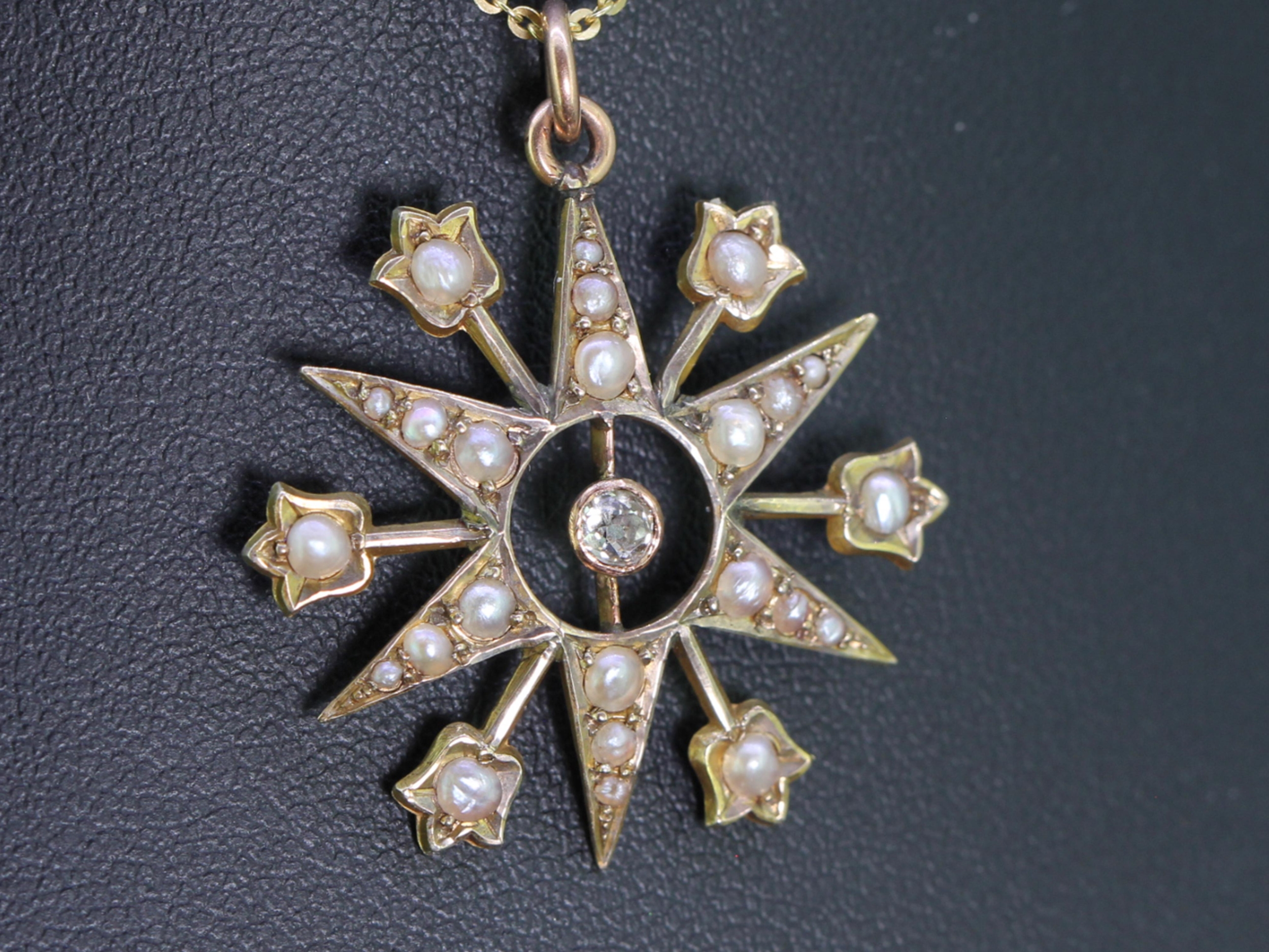 Wonderful Victorian Snowflake Diamond And Pearl 9 Carat Gold Pendant   