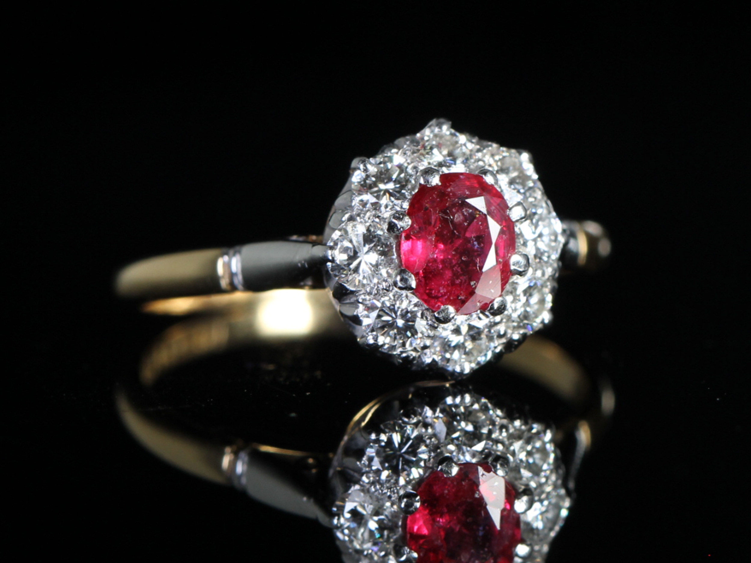 Art Deco Ruby and Diamond Platinum and 18ct Gold Cluster Ring