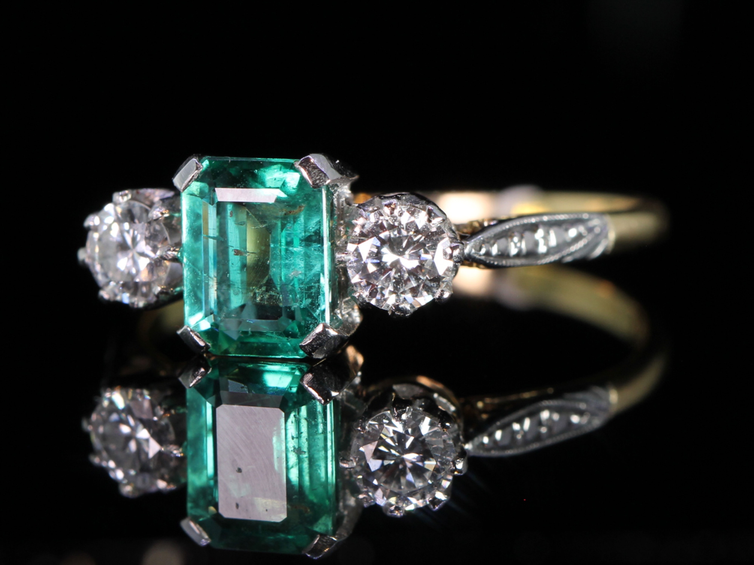 Vintage Colombian Emerald and Diamond trilogy Ring