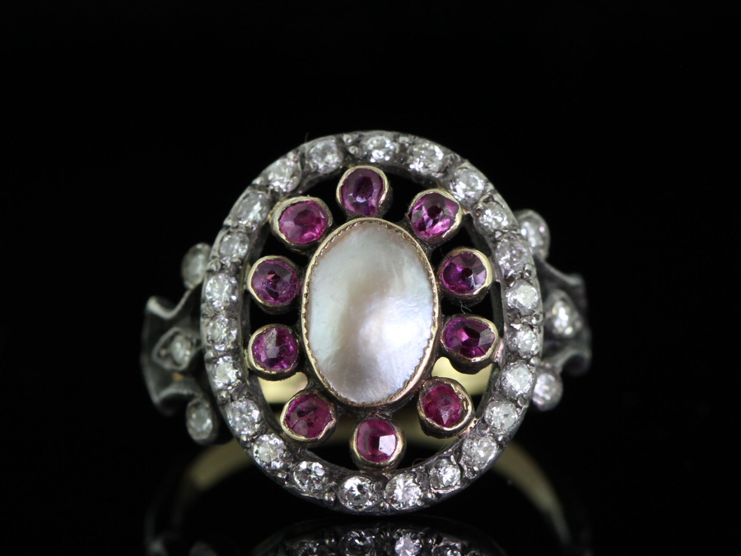 STUNNING ARTS AND CRAFTS BLISTER PEARL, RUBY AND DIAMOND SILVER SET GOLD  RING