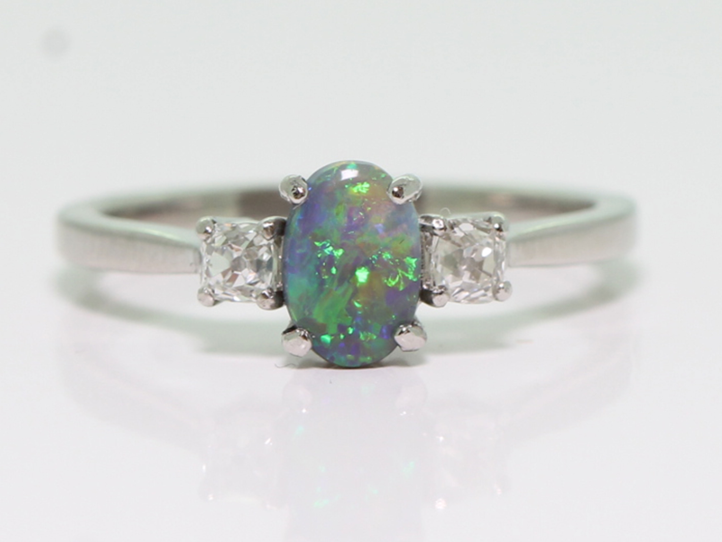 Beautiful Black Australian Opal and Diamond Platinum Trilogy Ring