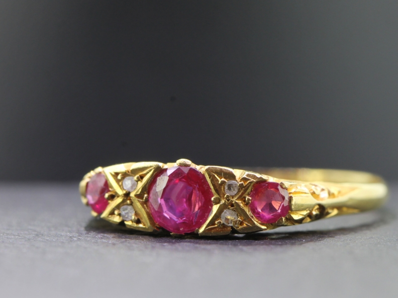DELIGHTFUL VICTORIAN RUBY AND DIAMOND 18 CARAT GOLD RING