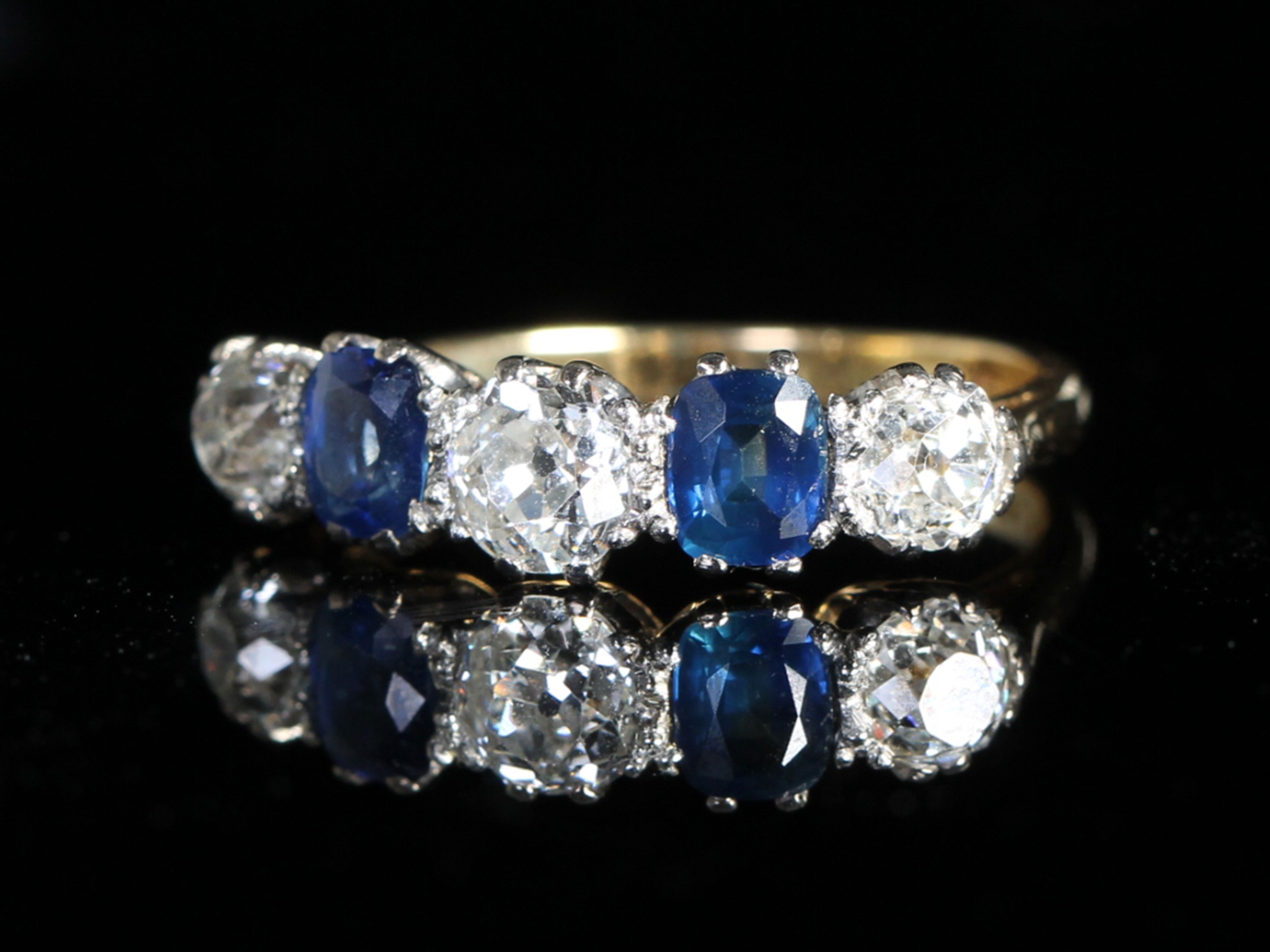  Edwardian Sapphire and Old Cut Diamond 18ct Five Stone Ring