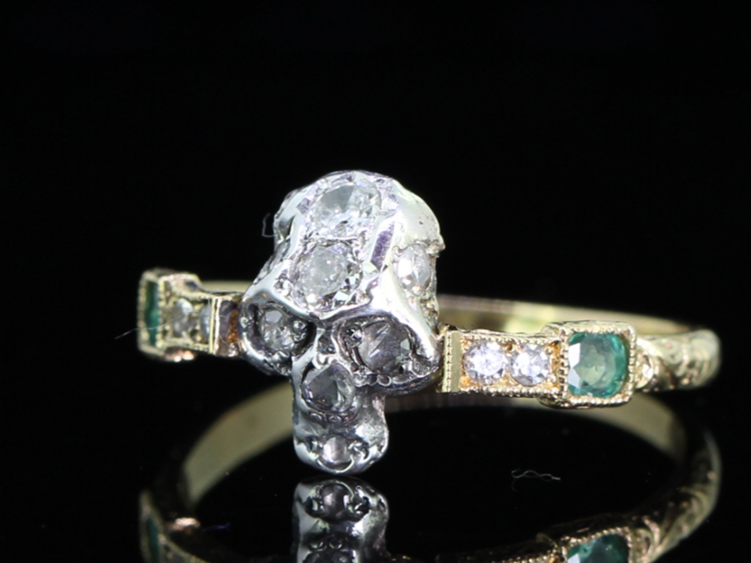 Wonderful Diamond Set Silver Skull and Emerald and Diamond 18 Carat Gold Mourning Ring