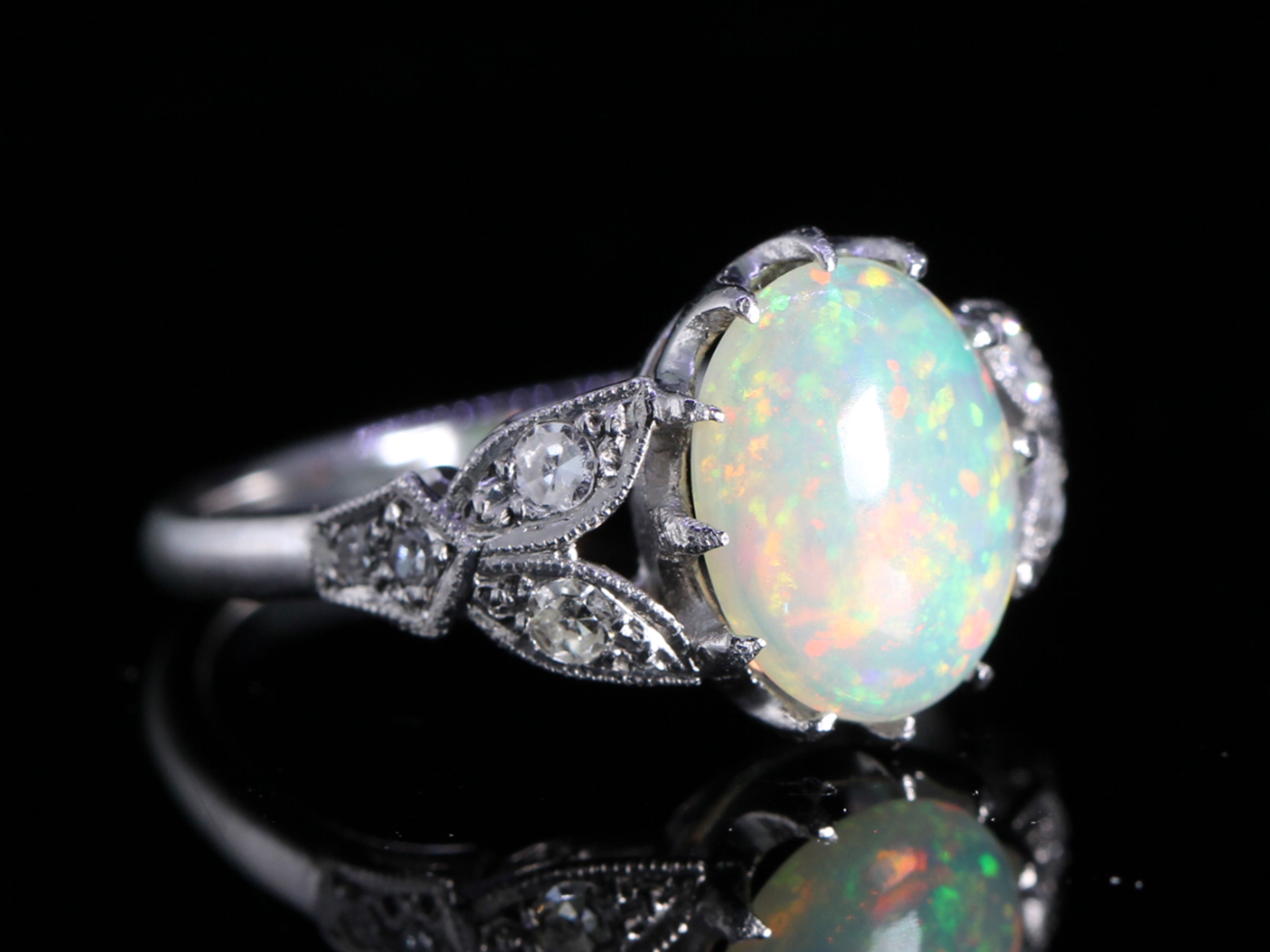 Vintage Art Deco Style 2.50ct Opal and Diamond Platinum Ring