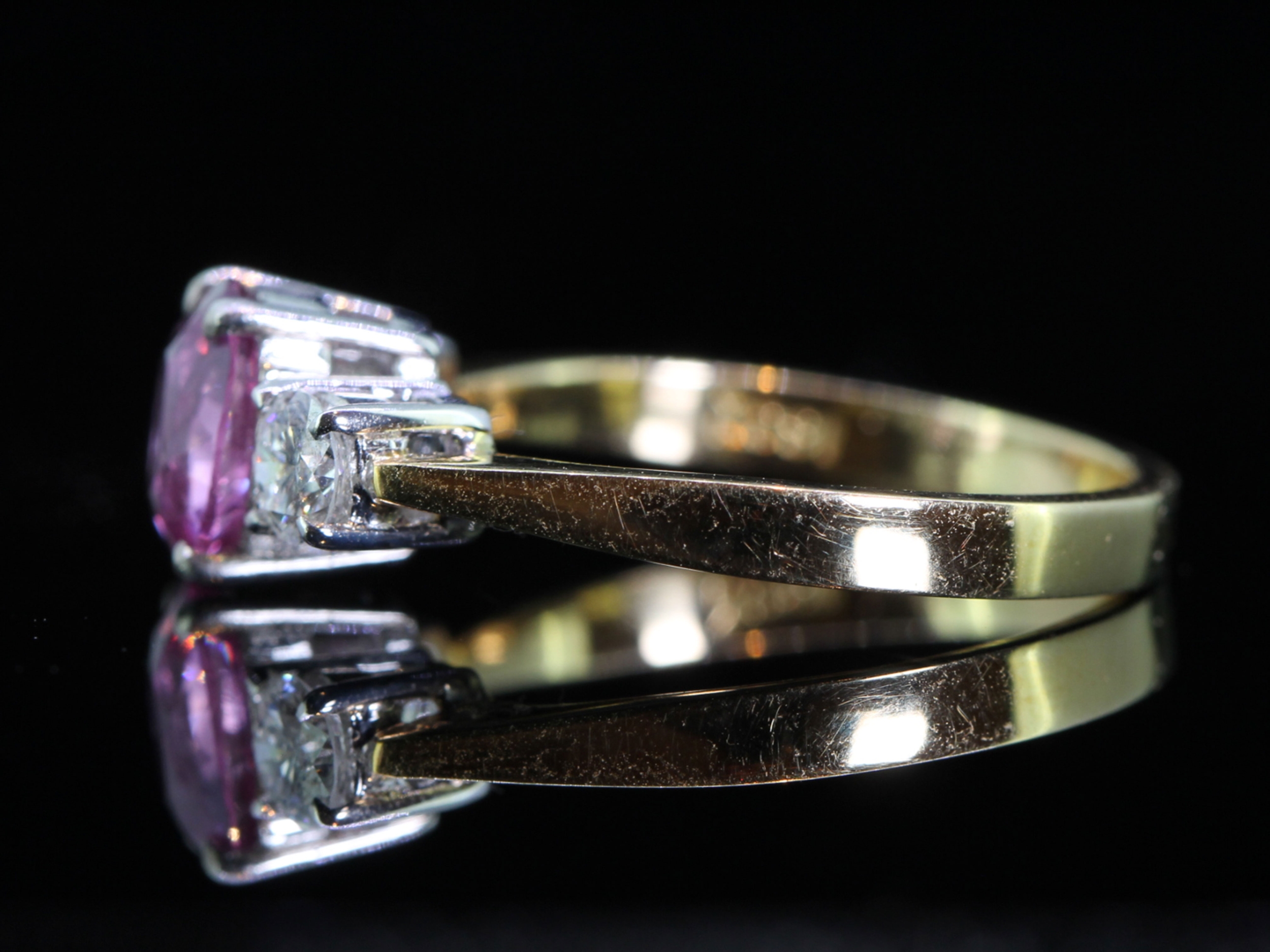 Beautiful Pink Sapphire and Diamond 18 Carat Gold Trilogy Ring