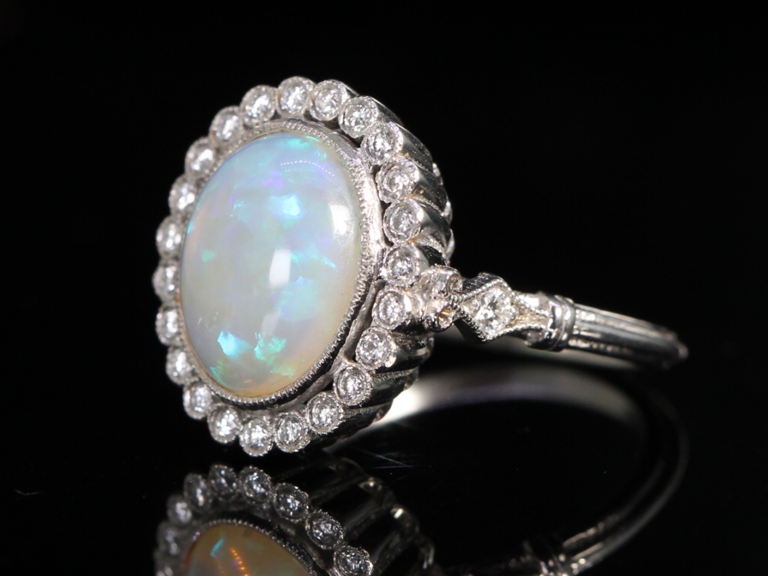 Vintage 3ct Australian Opal and Diamond Cluster Platinum Ring