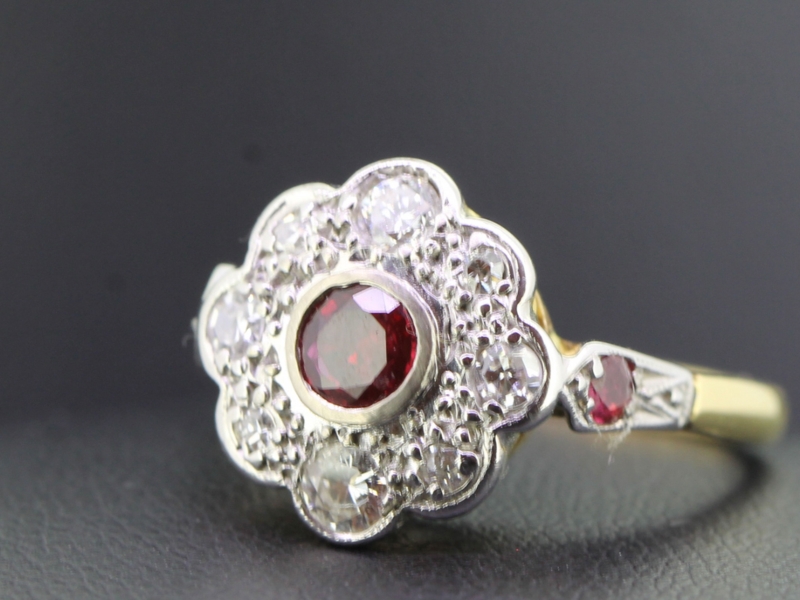 SOPHISTICATED EDWARDIAN RUBY AND DIAMOND 18 CARAT GOLD CLUSTER RING
