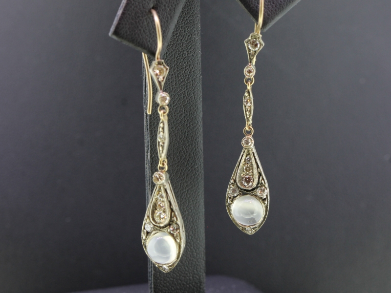 BEAUTIFUL MOONSTONE AND DIAMOND SILVER SET AND GOLD DROP EARRINGS