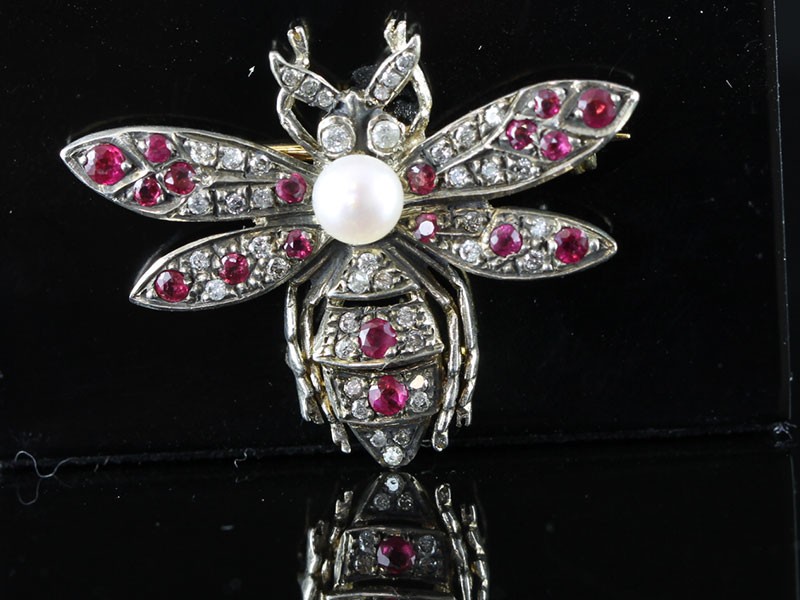 FABULOUS NATURAL RUBY, PEARL AND DIAMOND BUTTERFLY SILVER/GOLD BROOCH