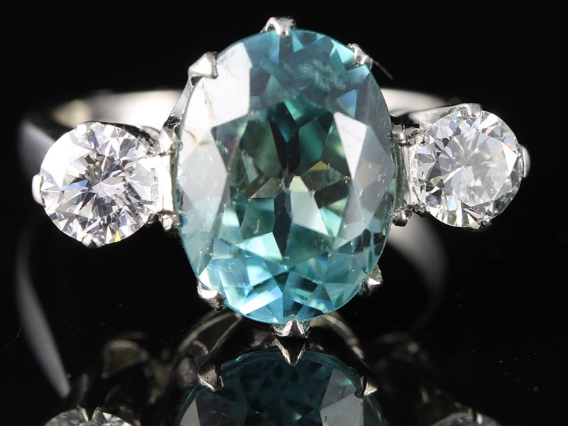 FABULOUS RARE 8.23CT NATURAL BLUE ZIRCON AND DIAMOND PLATINUM TRILOGY RING