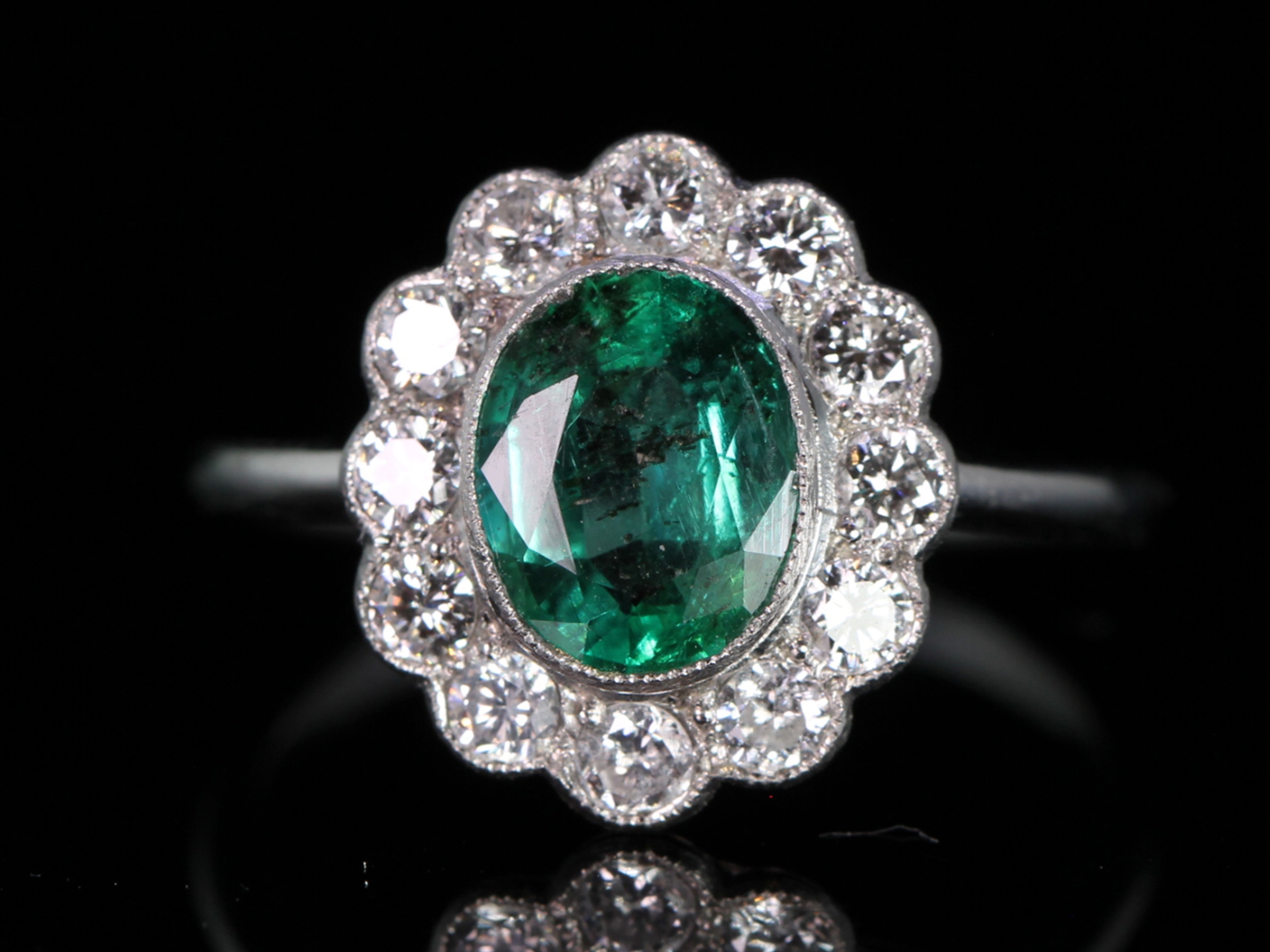  Vintage Colombian Emerald and Diamond Platinum Cluster Ring 