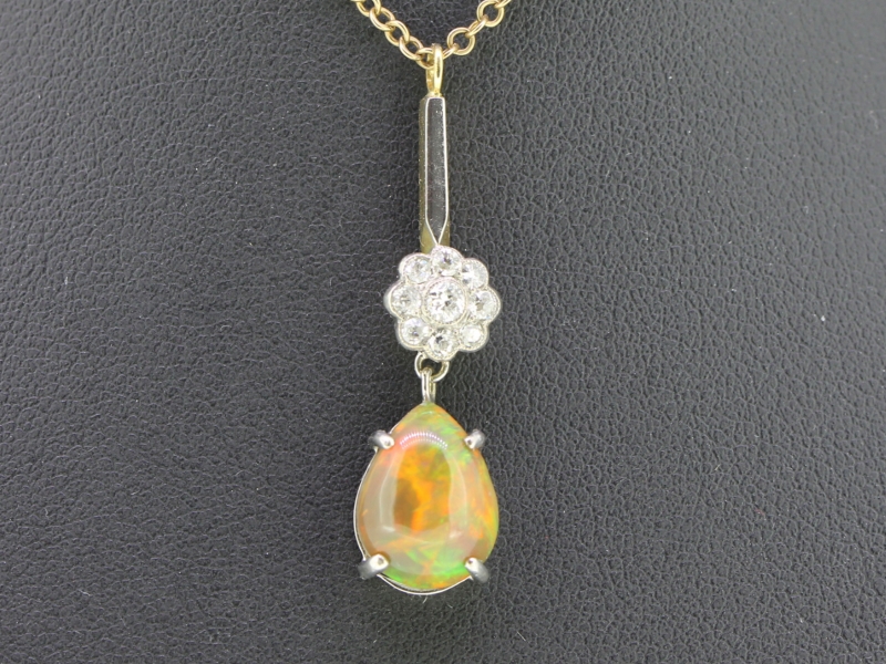 UNIQUE OPAL AND DIAMOND PLATINUM AND GOLD PENDANT AND CHAIN