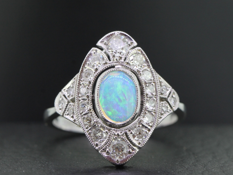 GORGEOUS OPAL AND DIAMOND PLATINUM ART DECO INSPIRED RING