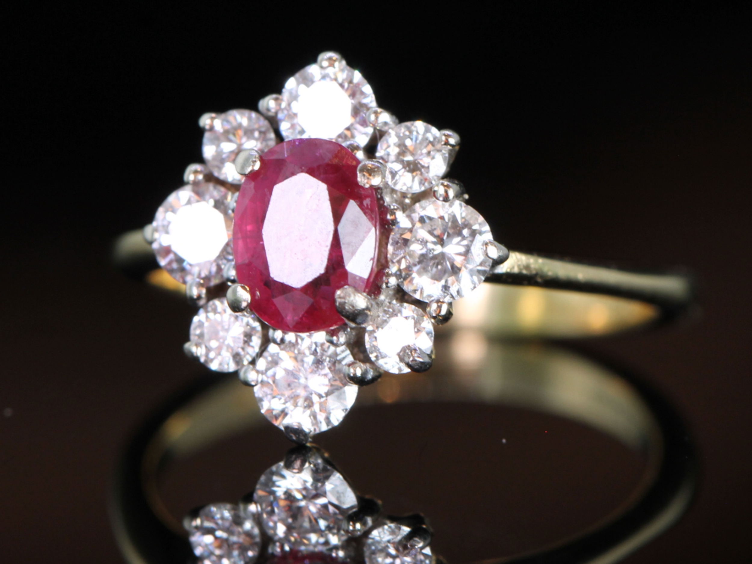 Unique Ruby and Diamond 18 carat Gold Cluster Ring