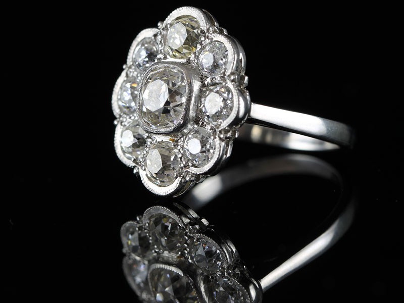 FABULOUS OLD MINED DIAMOND CLUSTER PLATINUM RING