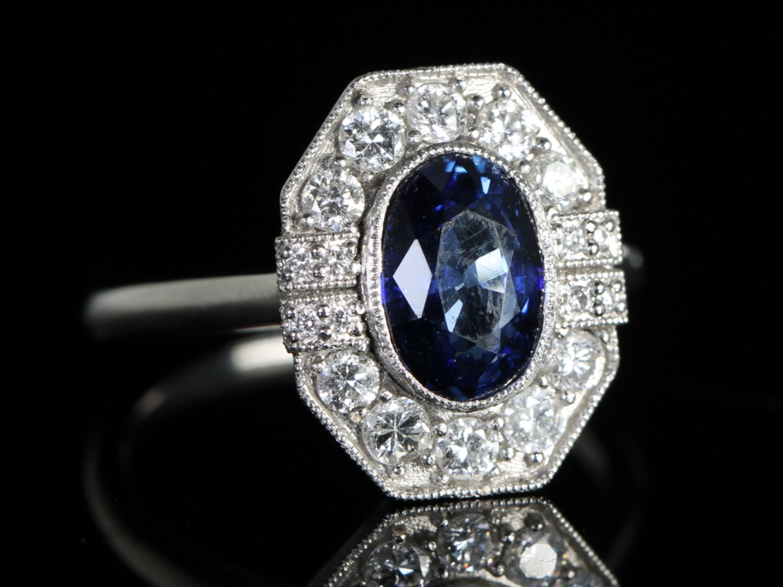 Vintage Sapphire and Diamond Platinum Cluster Ring