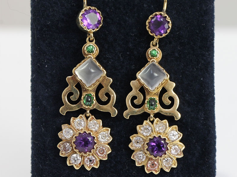 Diamond  Moonstone Amethyst Demantoid 15 Carat Gold Earrings