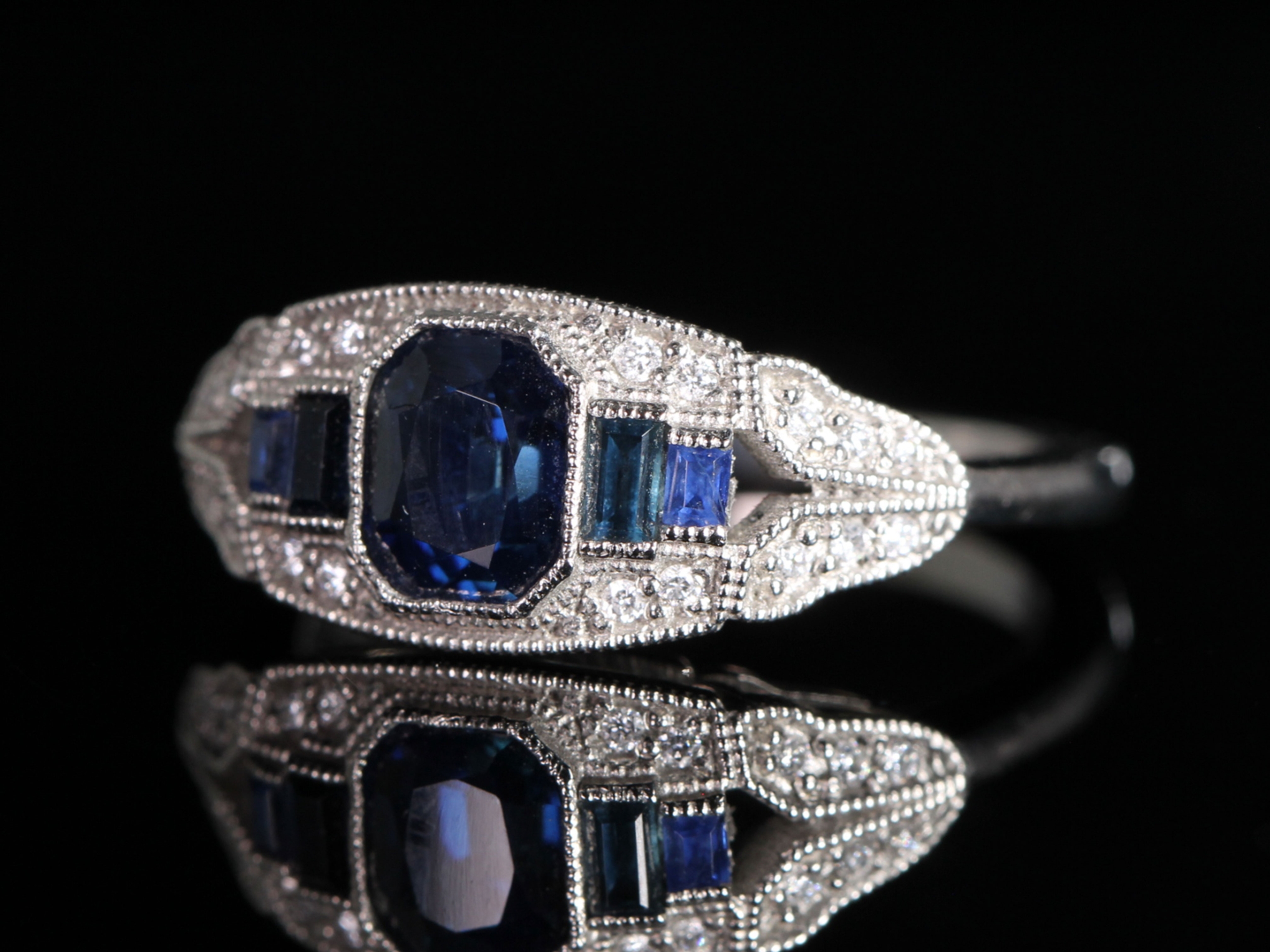Art Deco Style Sapphire and Diamond Platinum Ring