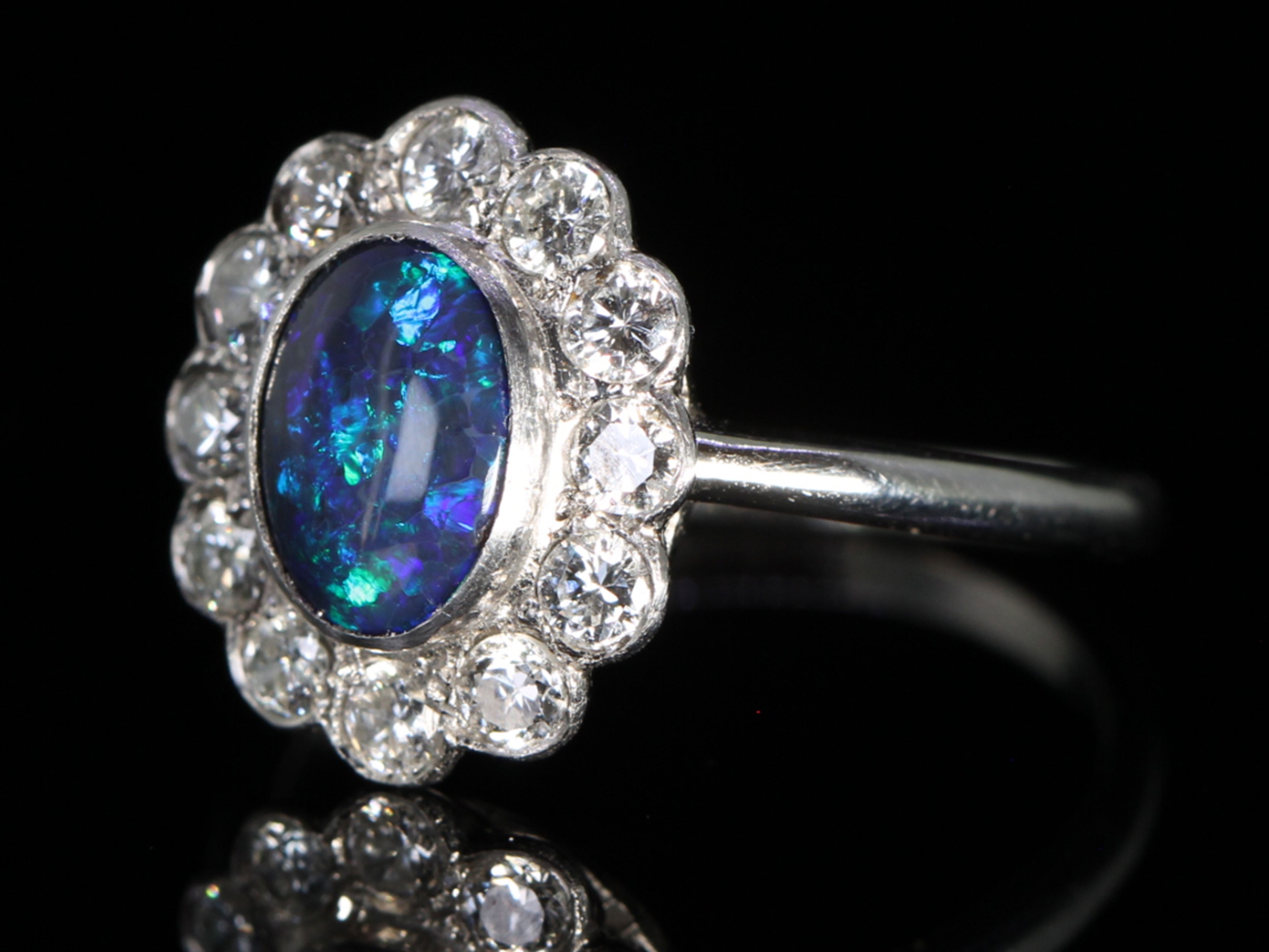  Vintage Black Opal and Diamond Cluster Platinum Ring