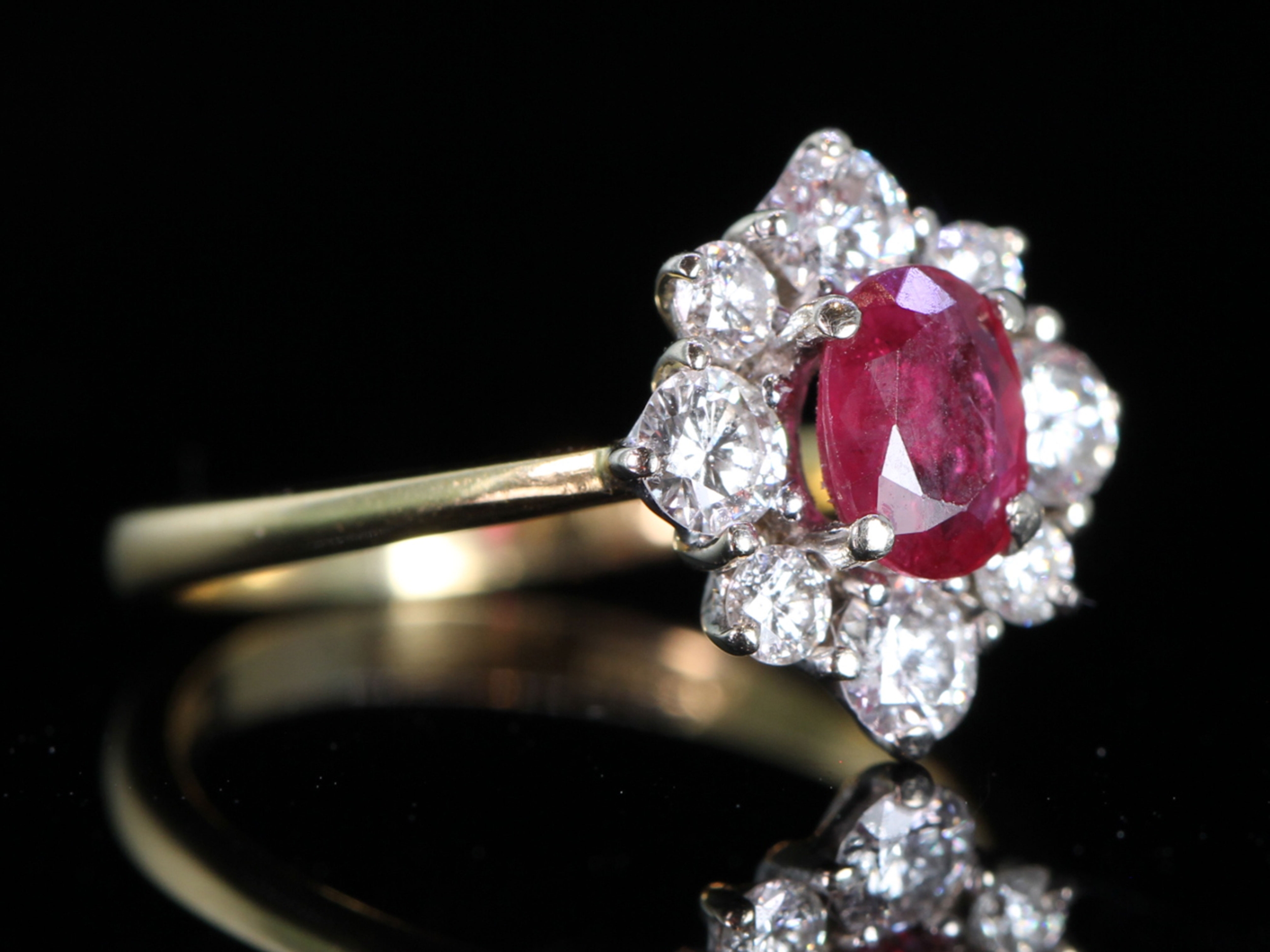 Unique Ruby and Diamond 18 carat Gold Cluster Ring